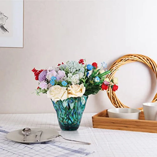 Hand Blown Glass vase, Green Wide-Mouth Petal-Shaped Vase