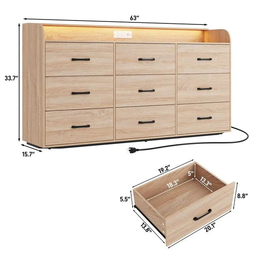 Wood Dresser With Power Outlet, LED Lights and Deep Drawers
