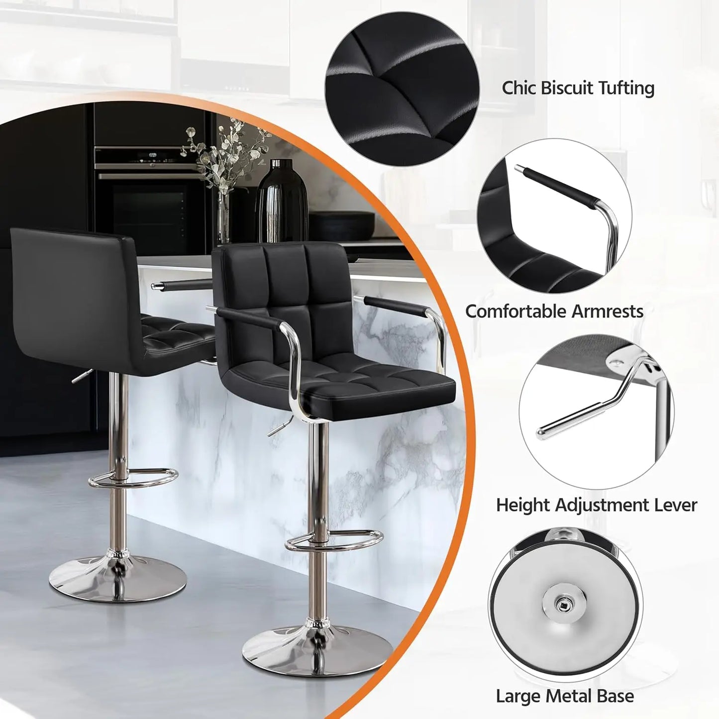 Bar Stools Set 2, Leather Adjustable Swivel