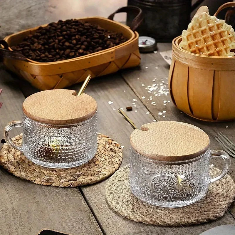 4-piece set glass cups wooden lids