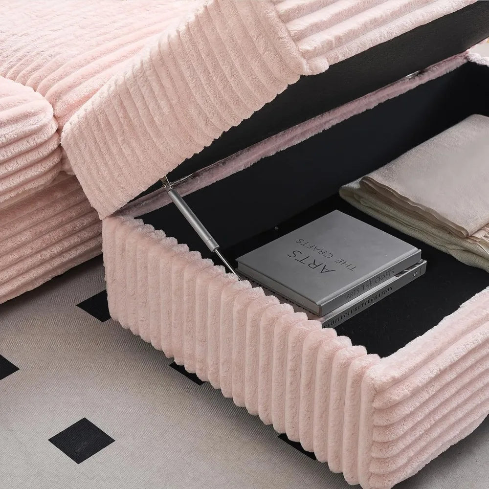 Pink Corduroy Loveseat Sofa With Storage Ottoman