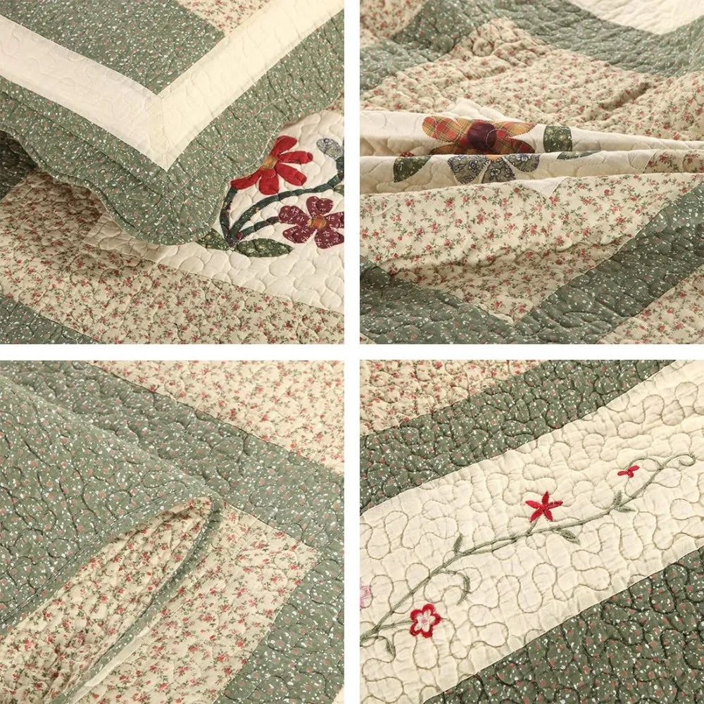 3 Piece Embroidered Floral Quilted Bedspread