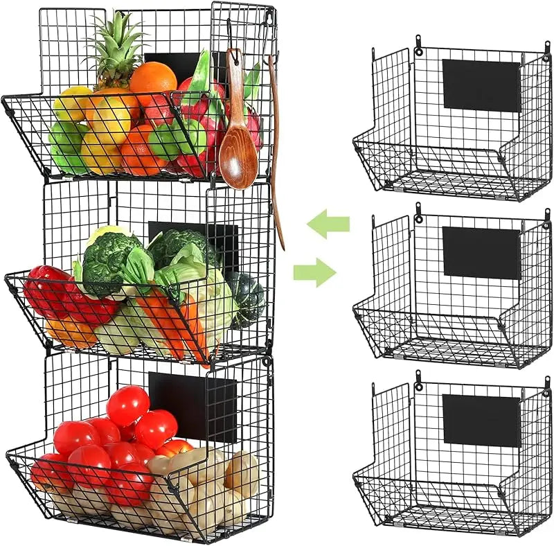 3 Tier Metal Wall Mount Basket W/Hooks & Chalkboards