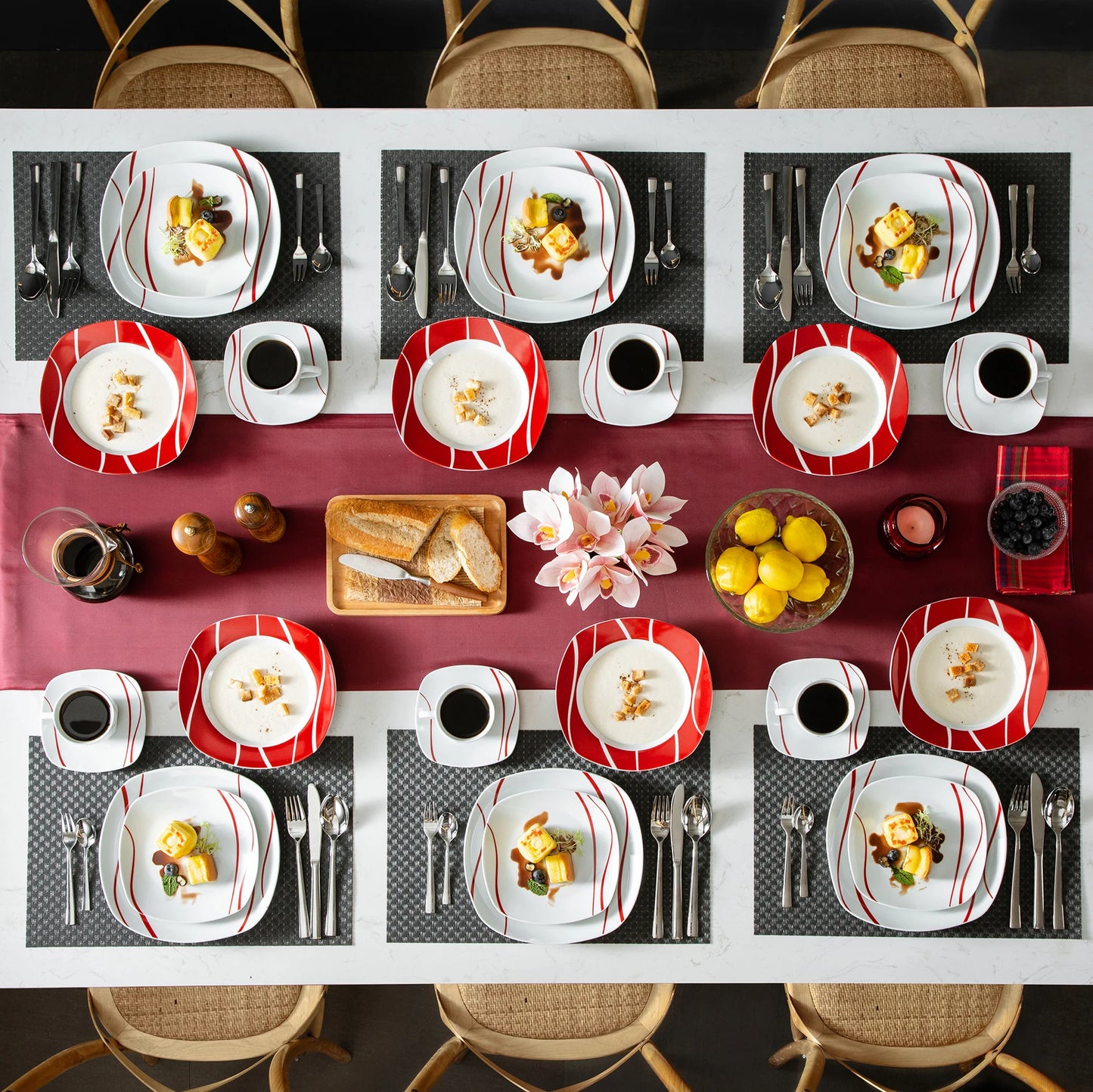30 Pce Red Stripes Ivory White Porcelain Dinner Set