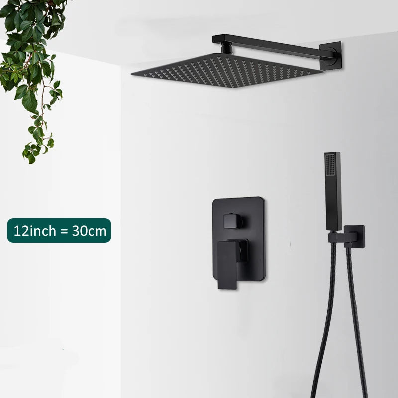 Black Concealed Shower System Rain Waterfall