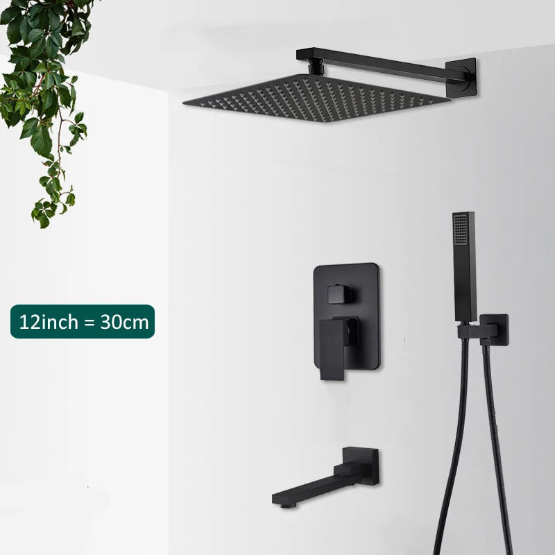 Black Concealed Shower System Rain Waterfall
