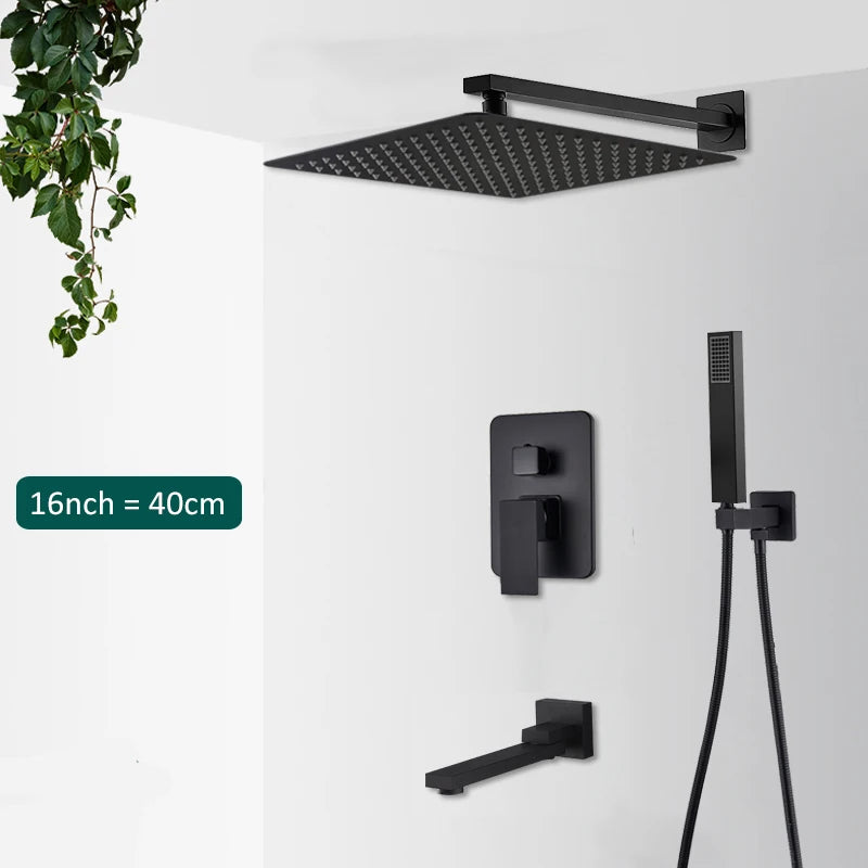 Black Concealed Shower System Rain Waterfall