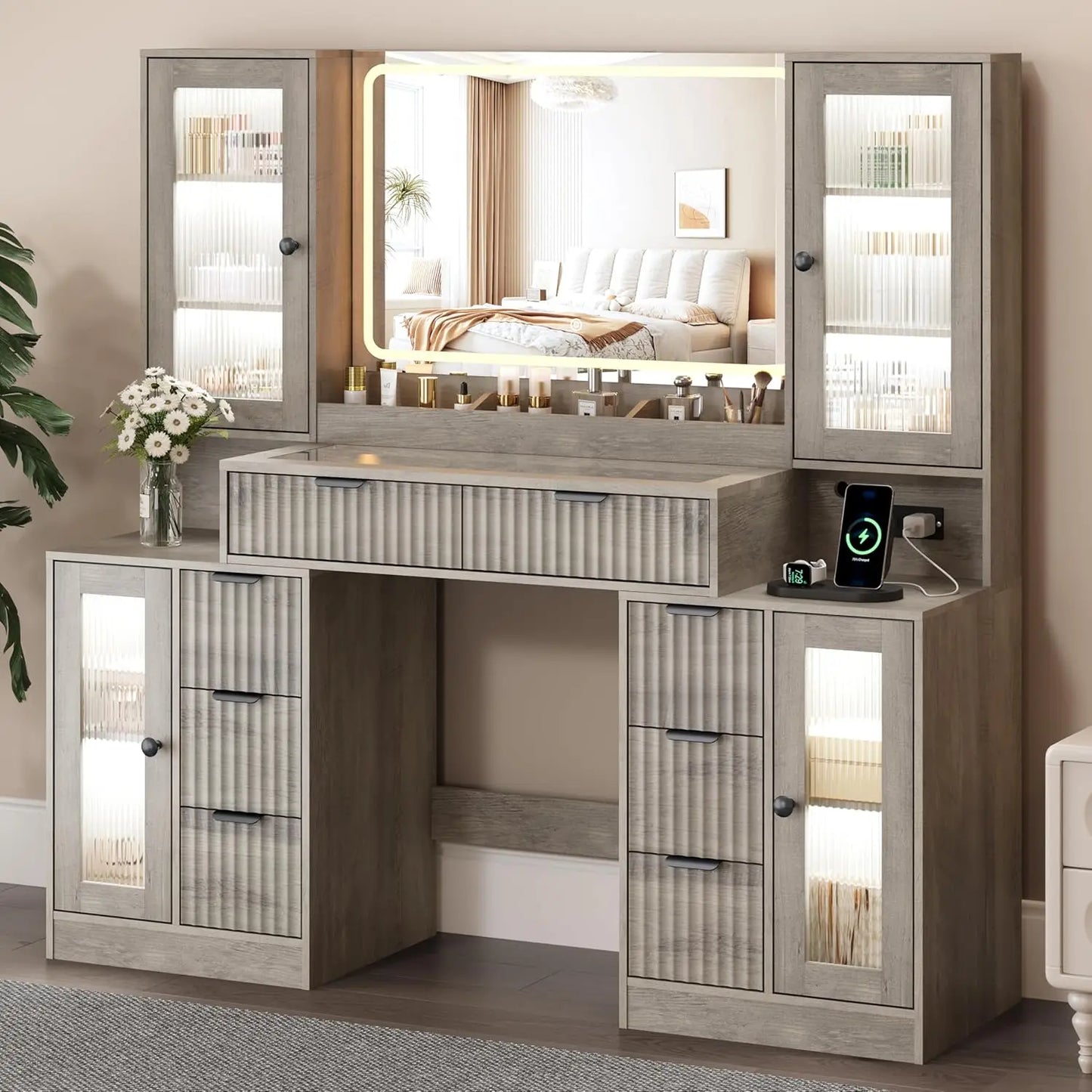 55" Vanity Desk with Mirror & Lights