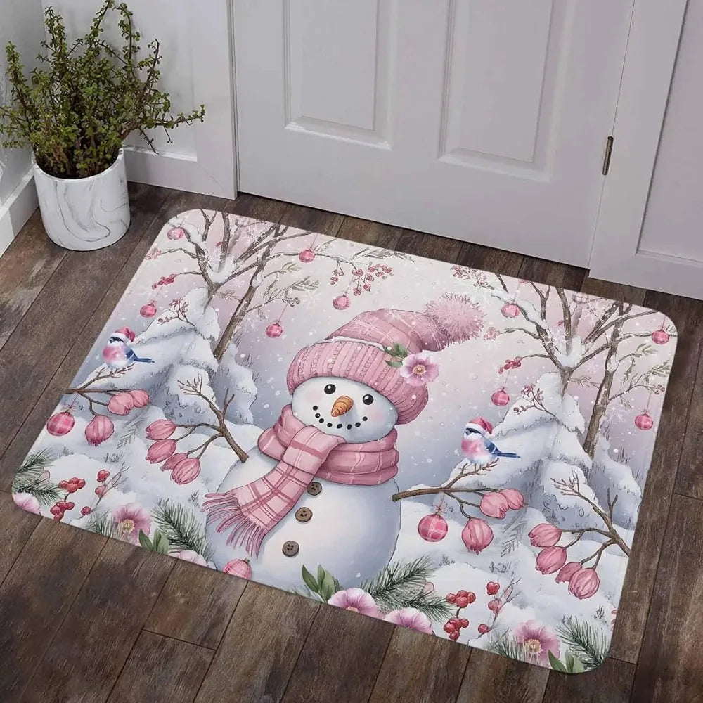 Pink Snowman Flowers Non-slip Door Mat