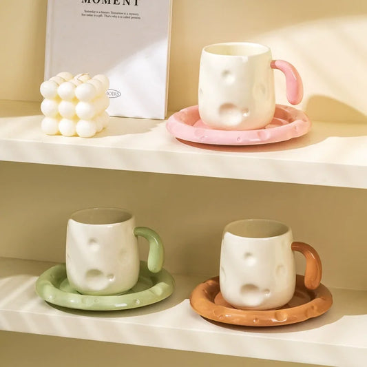 2Pcs Ceramic Pink Coffee Cup Saucer Set