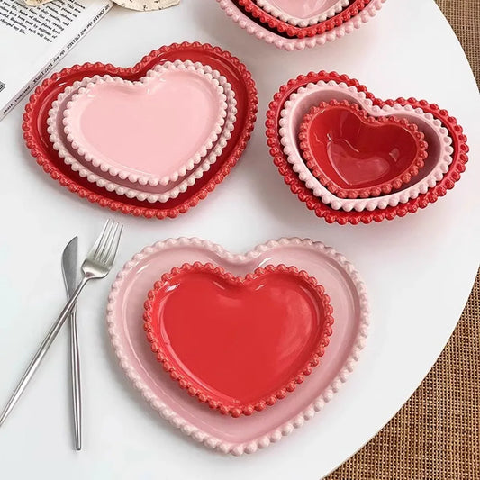 Pink Bead Dots Ceramic Heart Dinner Plate Tableware