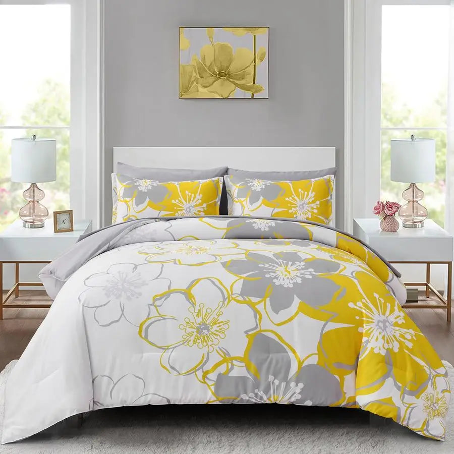 7 Pieces Yellow Floral Comforter Set Queen Size