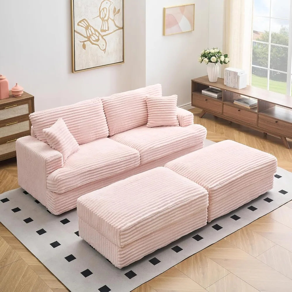 Pink Corduroy Loveseat Sofa With Storage Ottoman