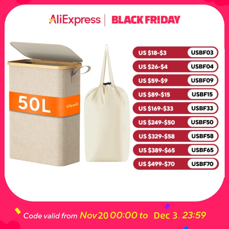50L Slim Laundry Hamper With Lid
