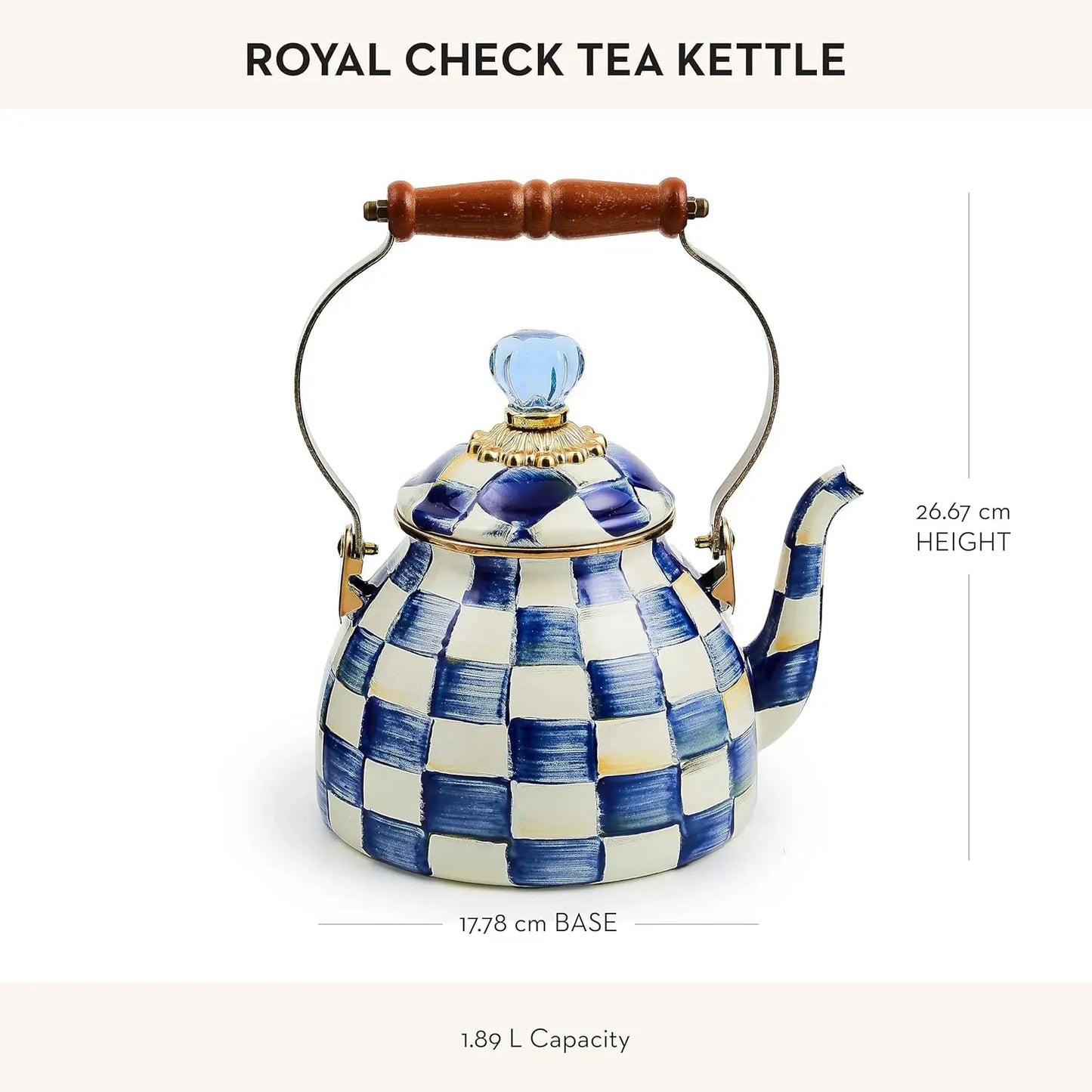 Enamel Tea Kettle, Blue-and-White Royal Check