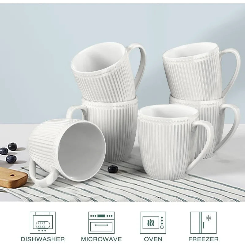 Set of 6, 16 Oz White Porcelain Mug Set