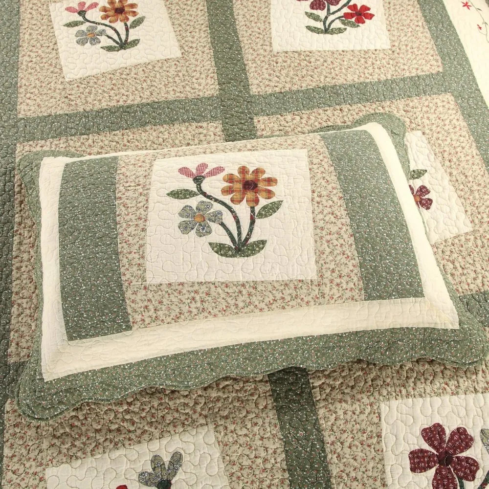 3 Piece Embroidered Floral Quilted Bedspread