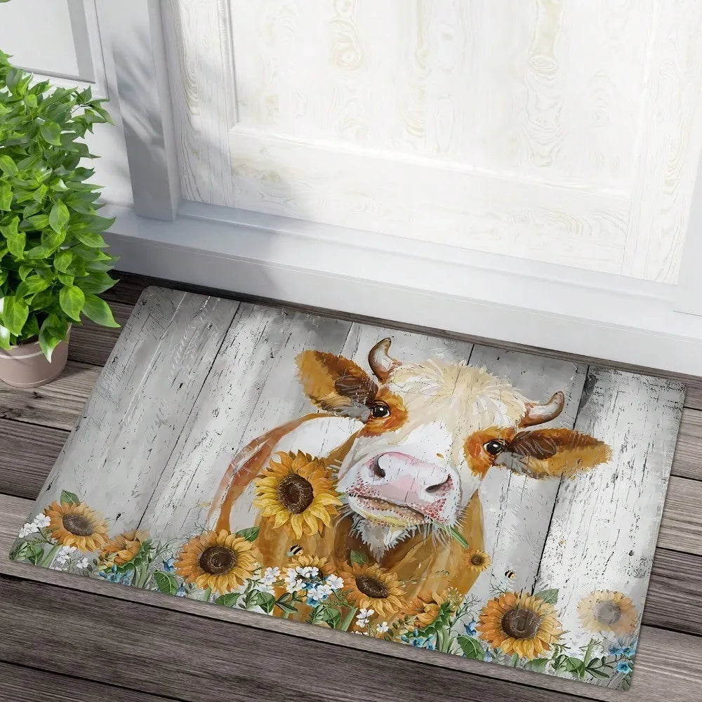 Farmhouse Cow Doormat Sunflower Print