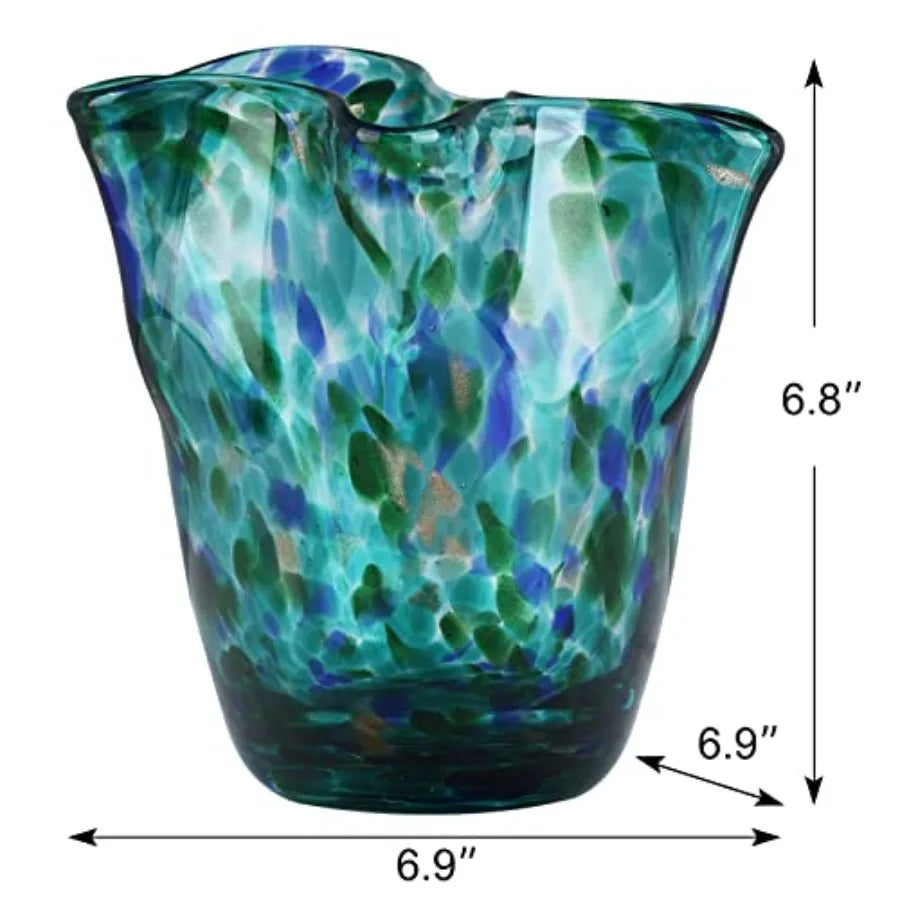 Hand Blown Glass vase, Green Wide-Mouth Petal-Shaped Vase