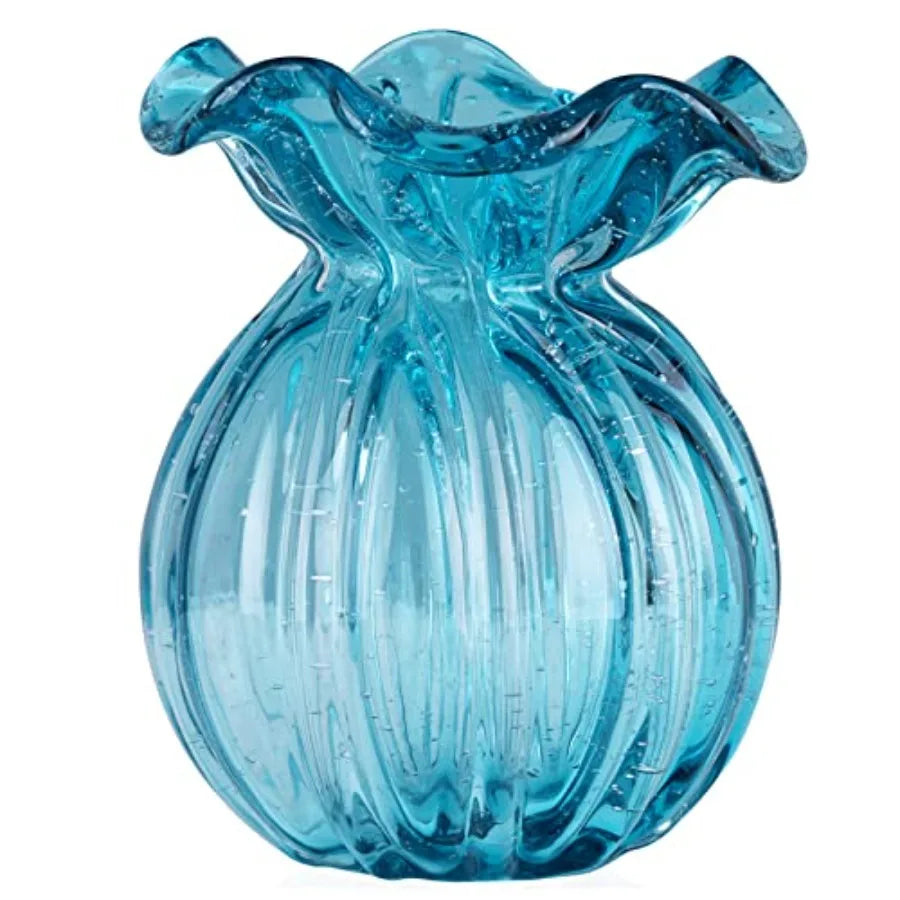 Hand Blown Glass vase, Green Wide-Mouth Petal-Shaped Vase
