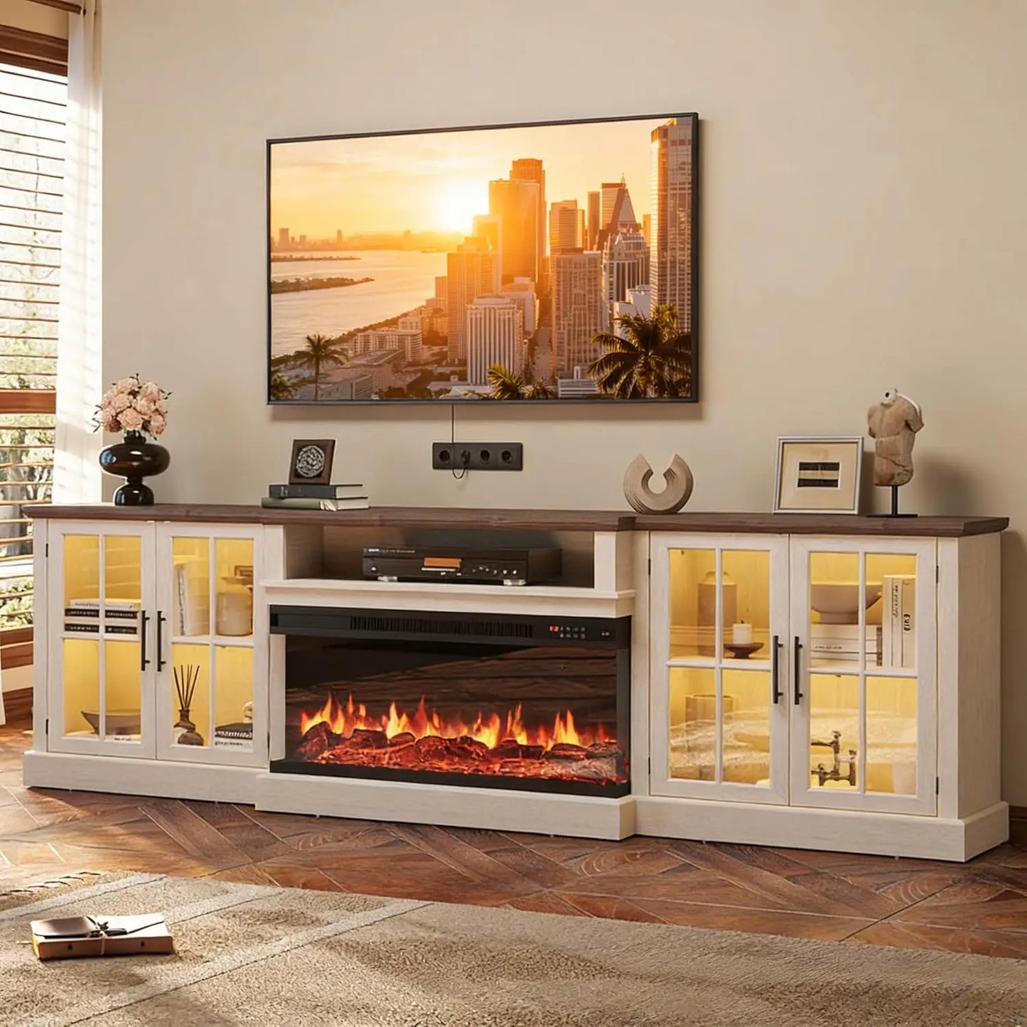 98" Farmhouse TV Stand With 36" Fireplace