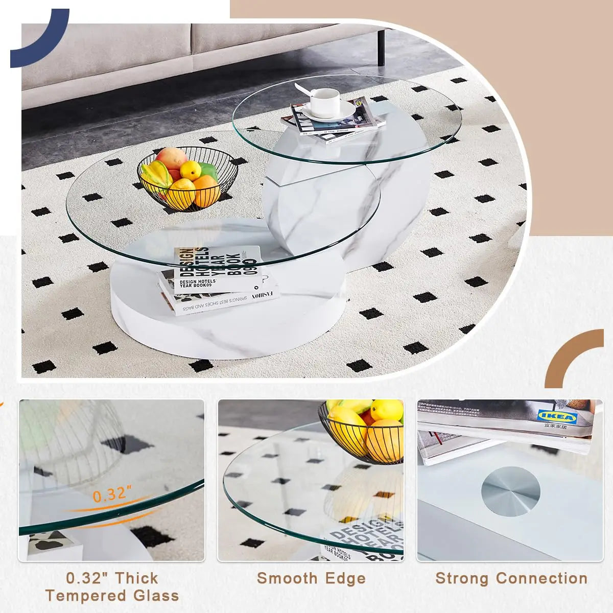 42" 3-Tier Round Glass Coffee Table