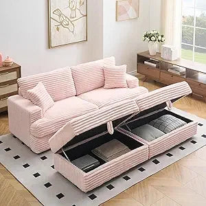 Pink Corduroy Loveseat Sofa With Storage Ottoman