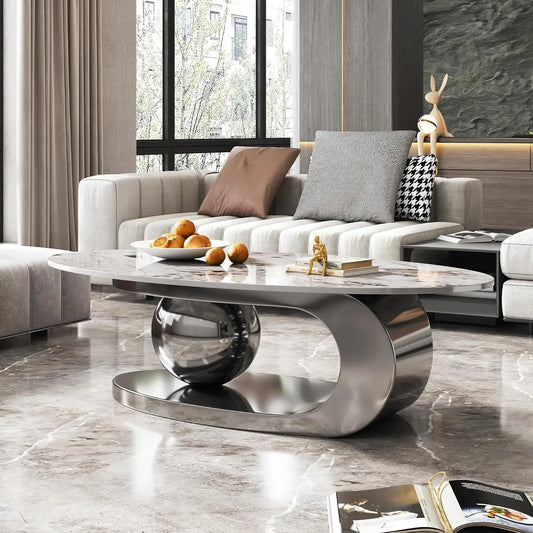 Modern Coffee Table with Silver Stainless Steel Pedestal