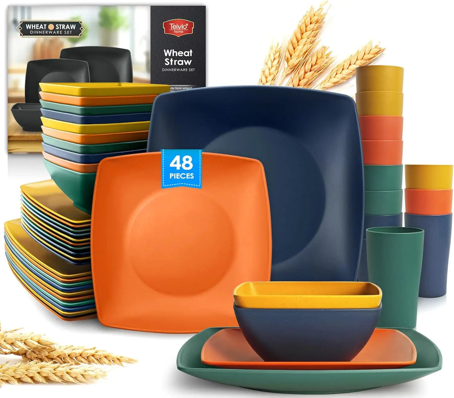 48-Piece Kitchen Plastic Square Dinnerware Set