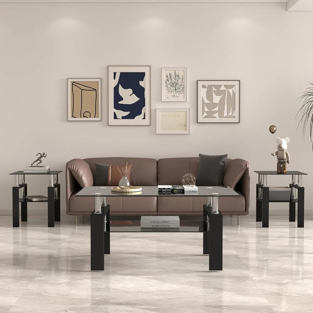 Black Glass Coffee Table Set of 3 Piece