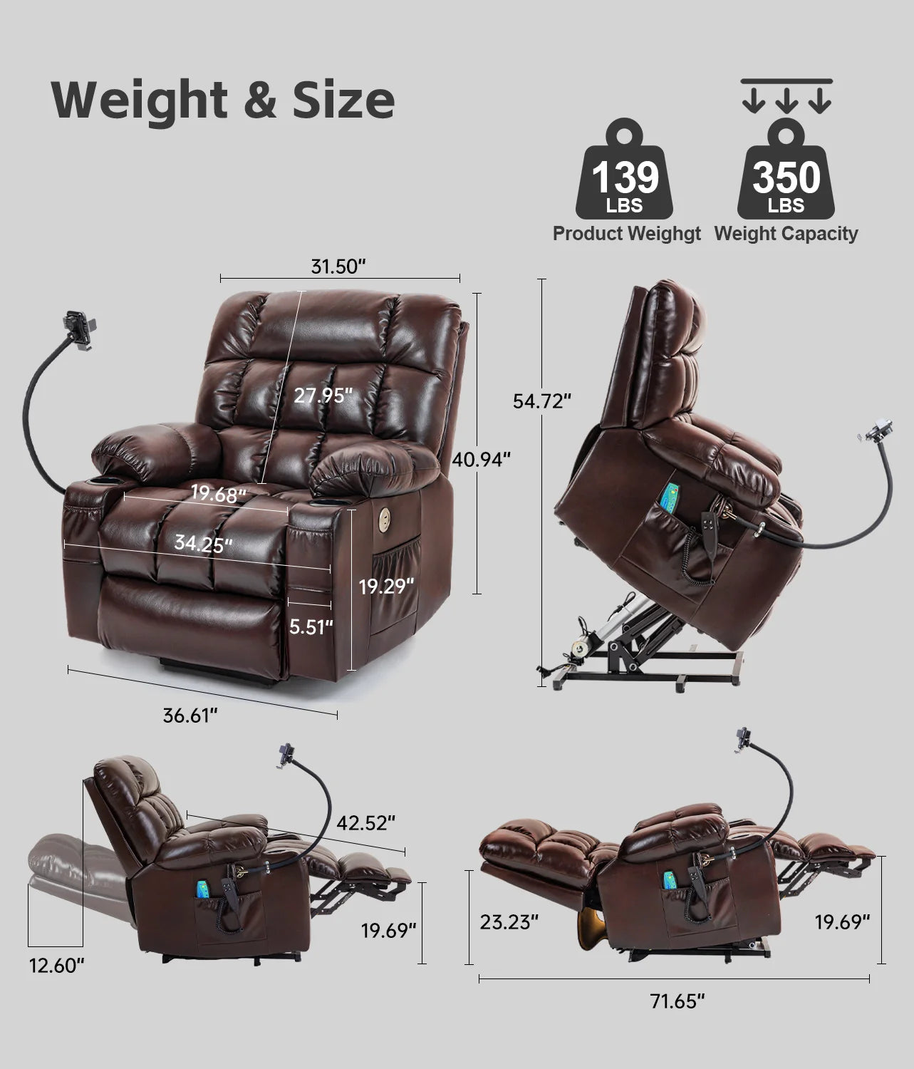 Leather Heated Lift Recliner Chair Massage