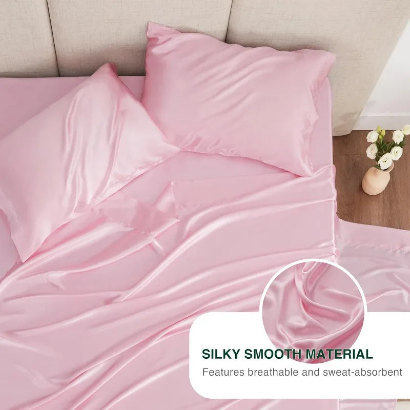 4 Piece Pink Silky Satin Bed Sheets Queen