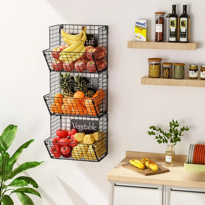 3 Tier Metal Wall Mount Basket W/Hooks & Chalkboards