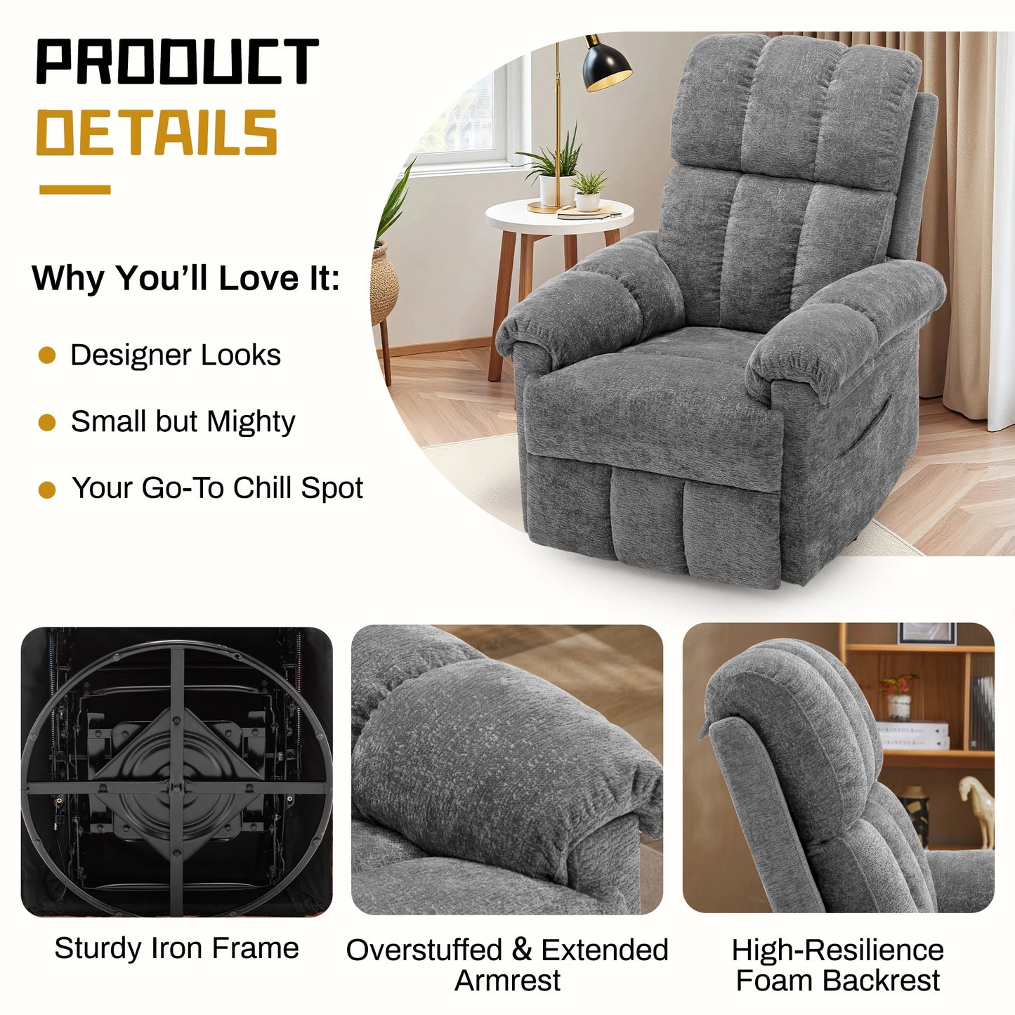 Swivel Rocker Recliner Chair With Side Pockets
