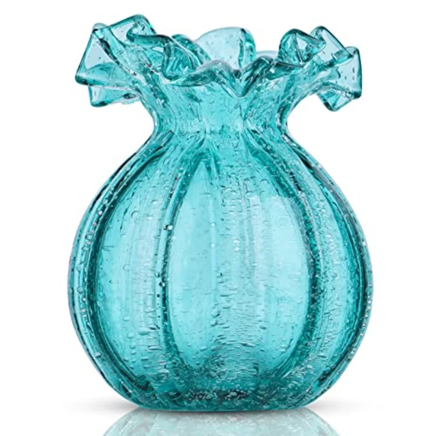 Hand Blown Glass vase, Green Wide-Mouth Petal-Shaped Vase