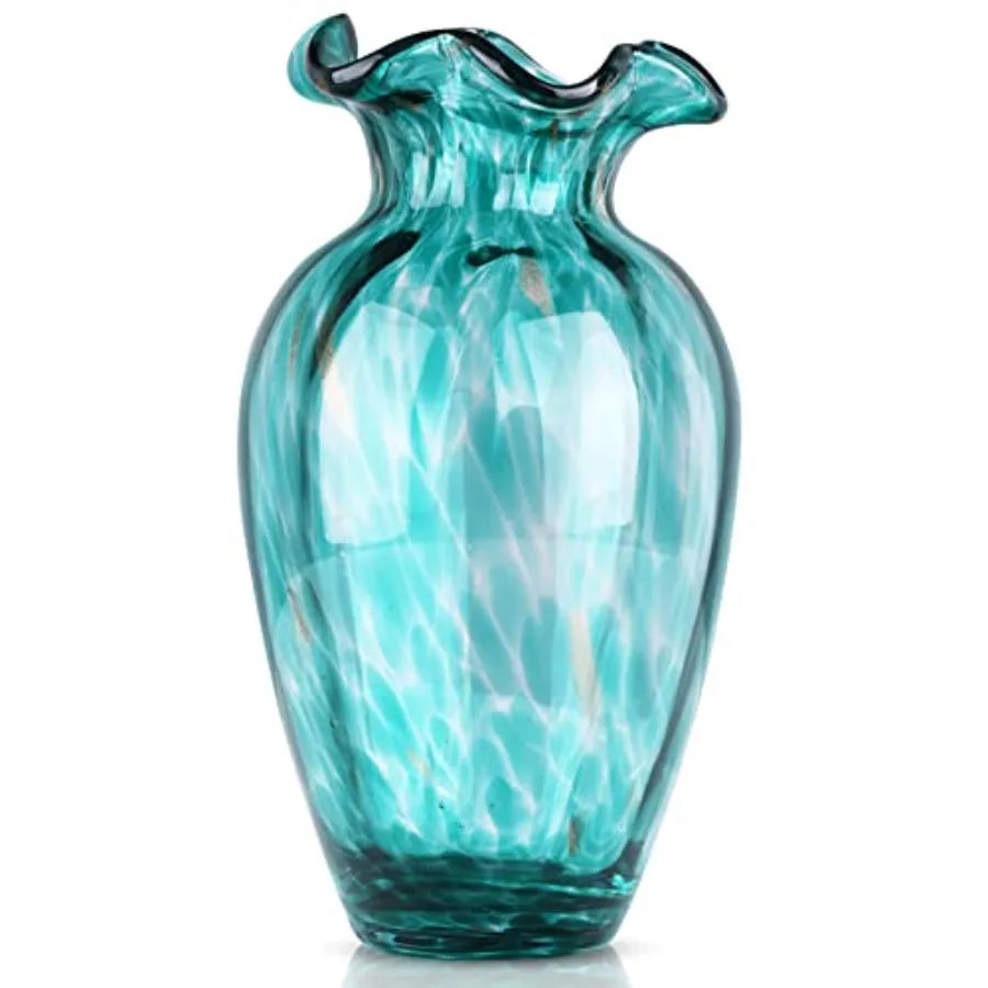 Hand Blown Glass vase, Green Wide-Mouth Petal-Shaped Vase
