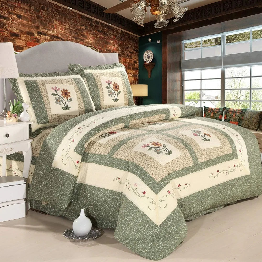 3 Piece Embroidered Floral Quilted Bedspread