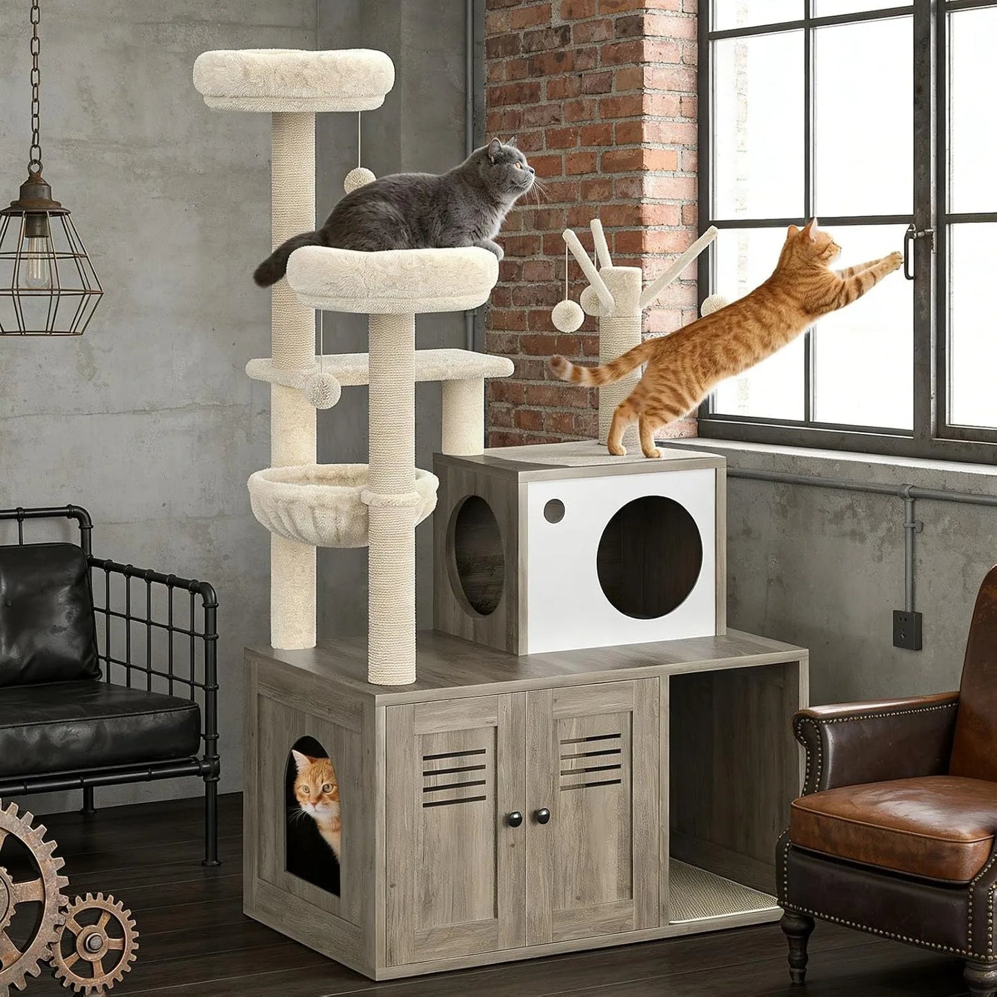 Cat Tower with Litter Box Enclosure, 2-in-1 Modern Cat Tree