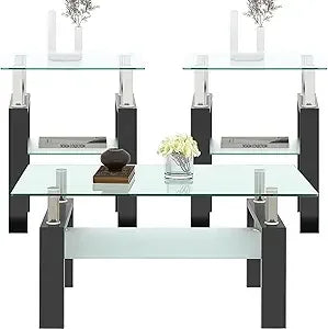 Black Glass Coffee Table Set of 3 Piece