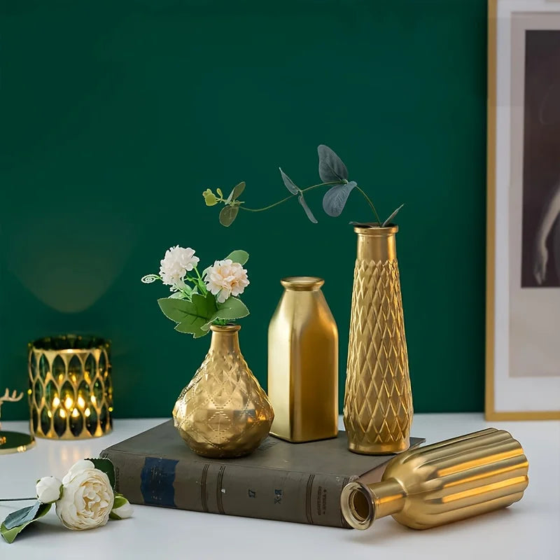 Cylindrical Gold Glass Vase, Gilded Finish