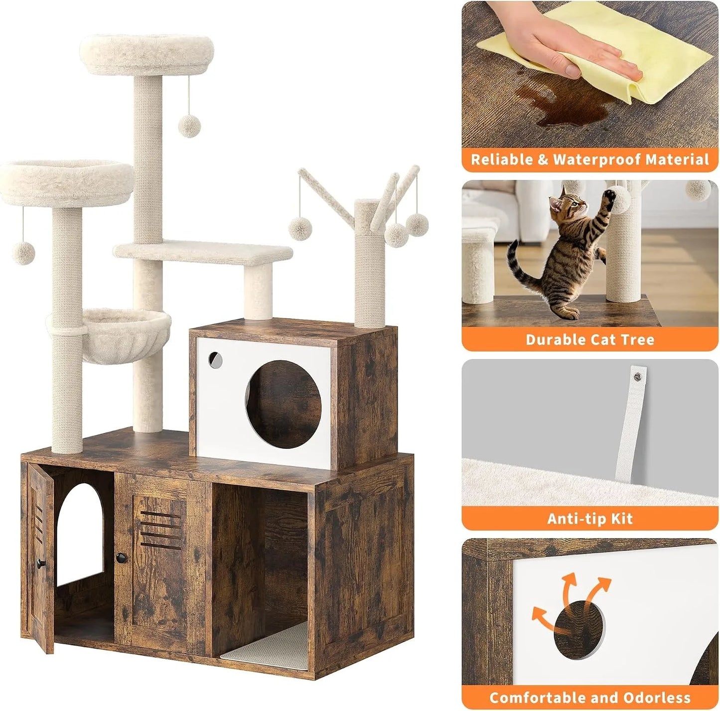 Cat Tower with Litter Box Enclosure, 2-in-1 Modern Cat Tree