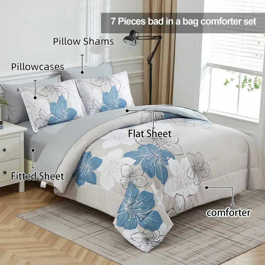 Floral Comforter Queen Size, Blue Floral Comforter & Sheet Set