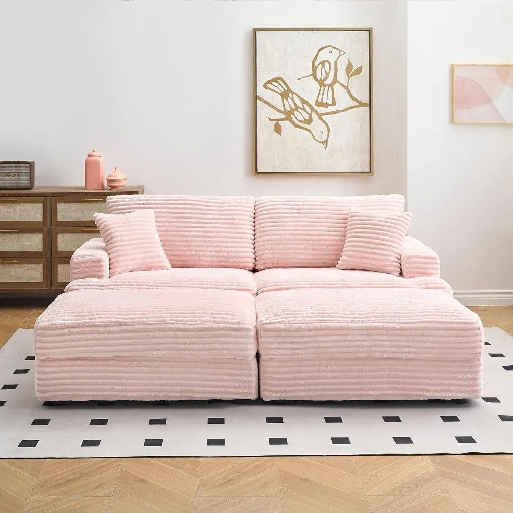 Pink Corduroy Loveseat Sofa With Storage Ottoman