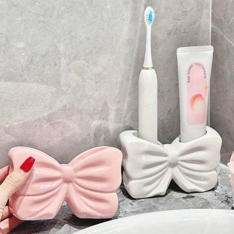 Charming bow ceramic toothbrush holder