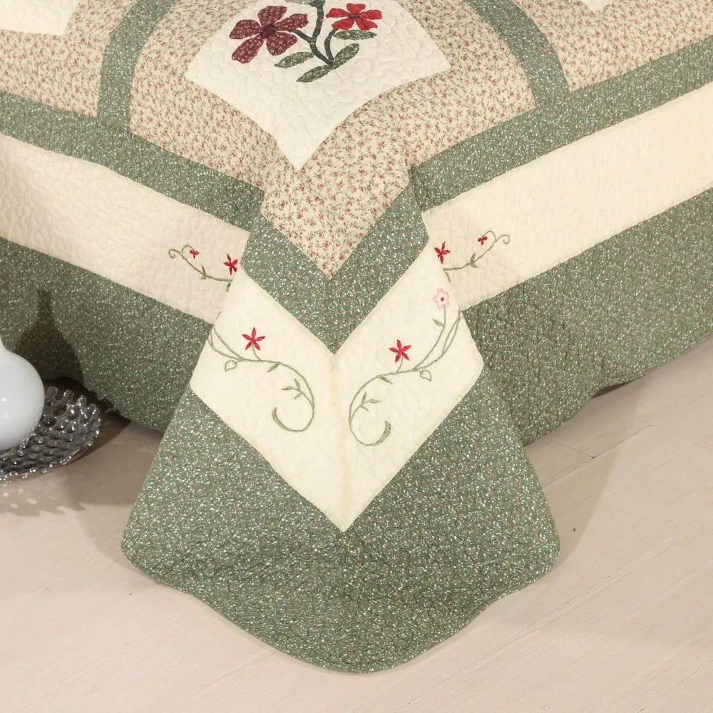 3 Piece Embroidered Floral Quilted Bedspread
