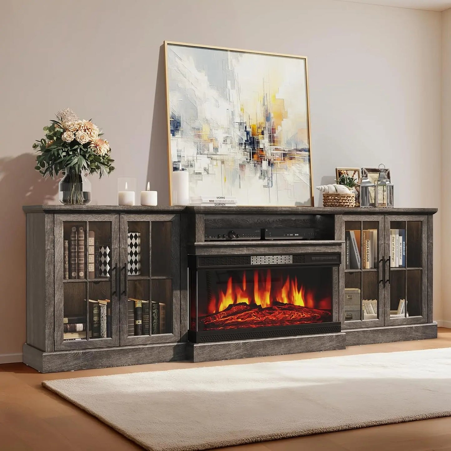 98" Farmhouse TV Stand With 36" Fireplace