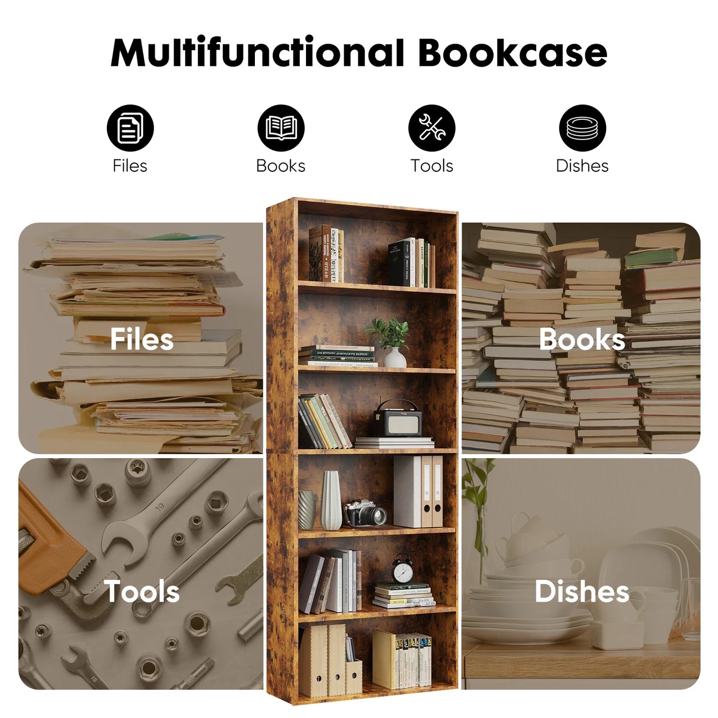 6 Tier Wooden Shelf Bookcase 63 Inch Tall