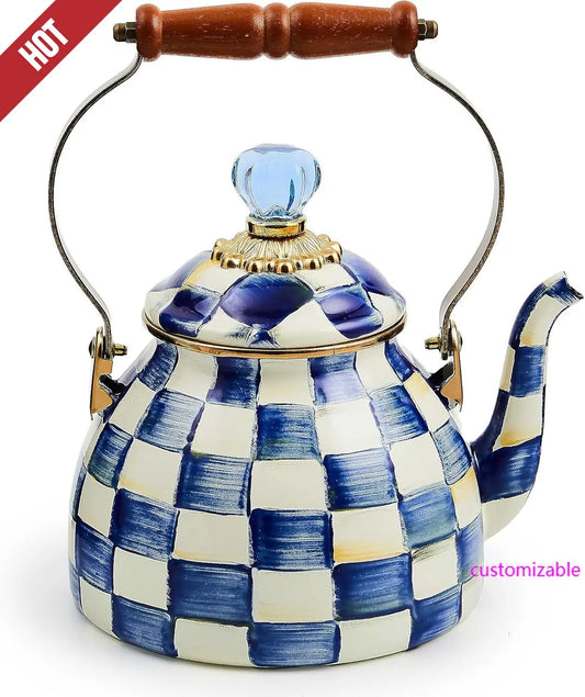 Enamel Tea Kettle, Blue-and-White Royal Check