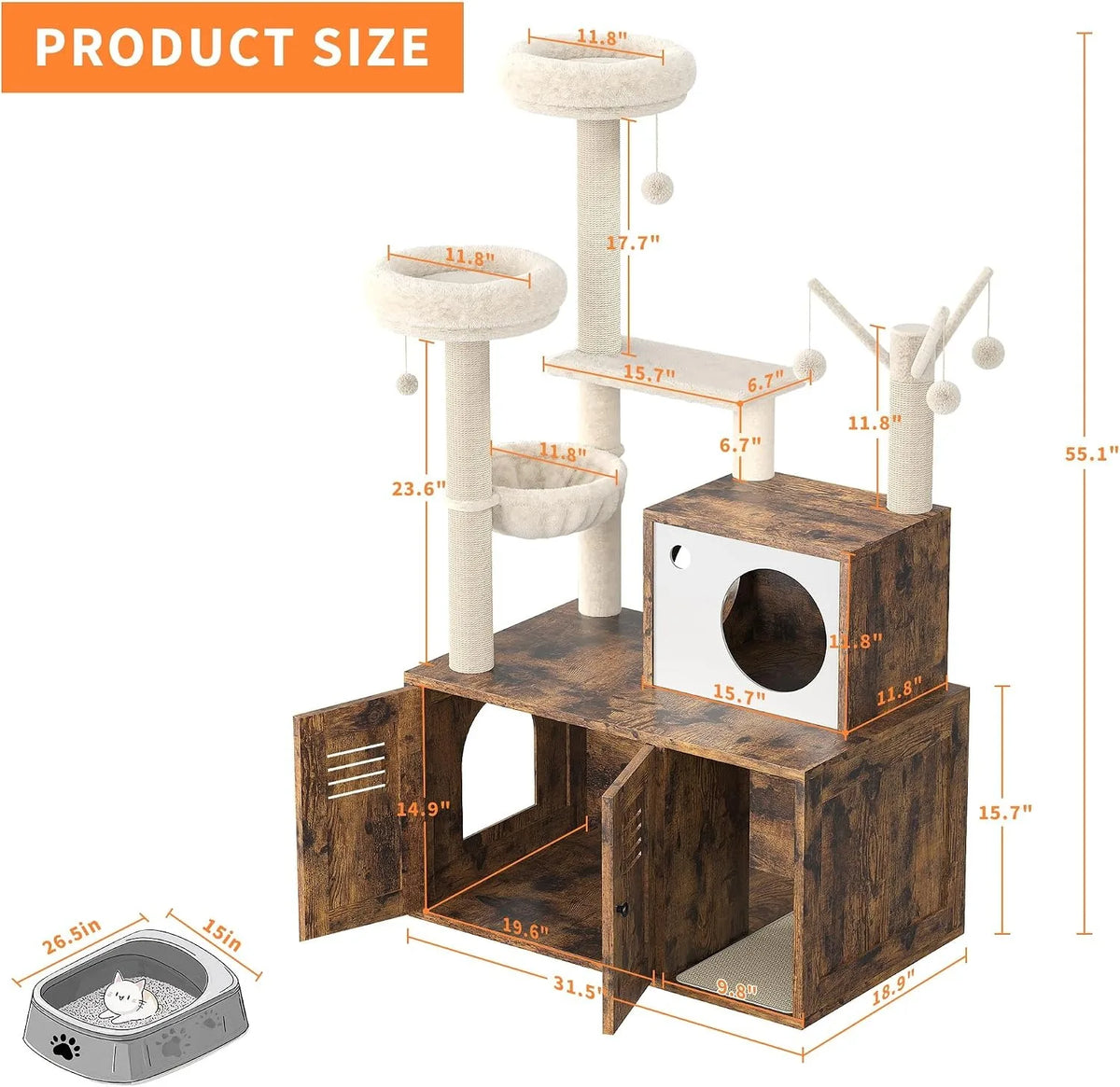 Cat Tower with Litter Box Enclosure, 2-in-1 Modern Cat Tree