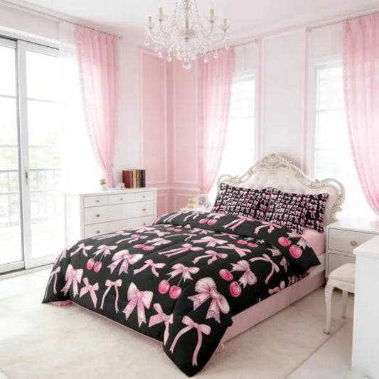 Pink Cherry Bow Comforter Set 7 Pcs
